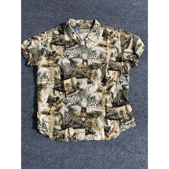 Vintage Liz Claiborne Blouse Women's XL Jungle Safari Print Short Sleeve - Picture 1 of 12